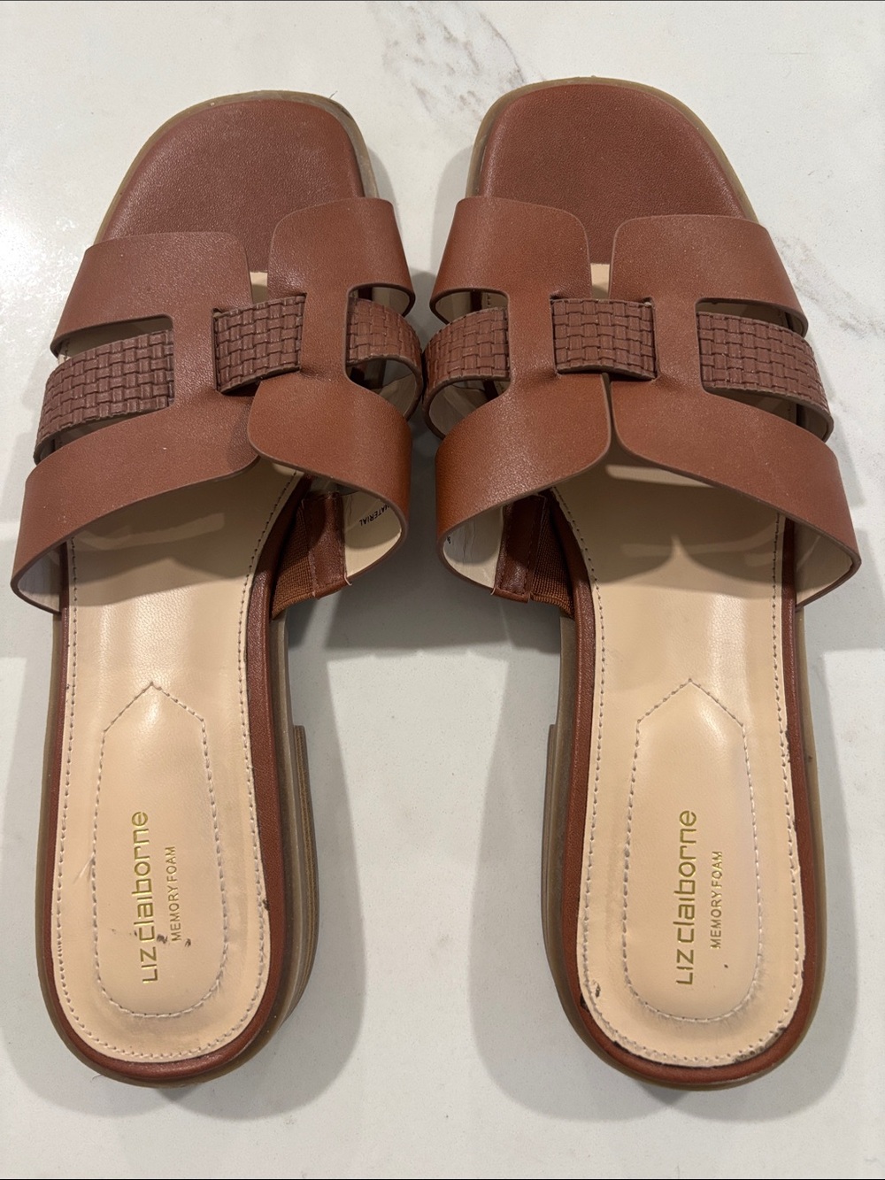 Liz Claiborne Cognac Brown Woven Strap Slide Sandals
